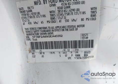 2016 Ford F-250 Xl from USA, damaged, VIN 1FTBF2A69GEA43352